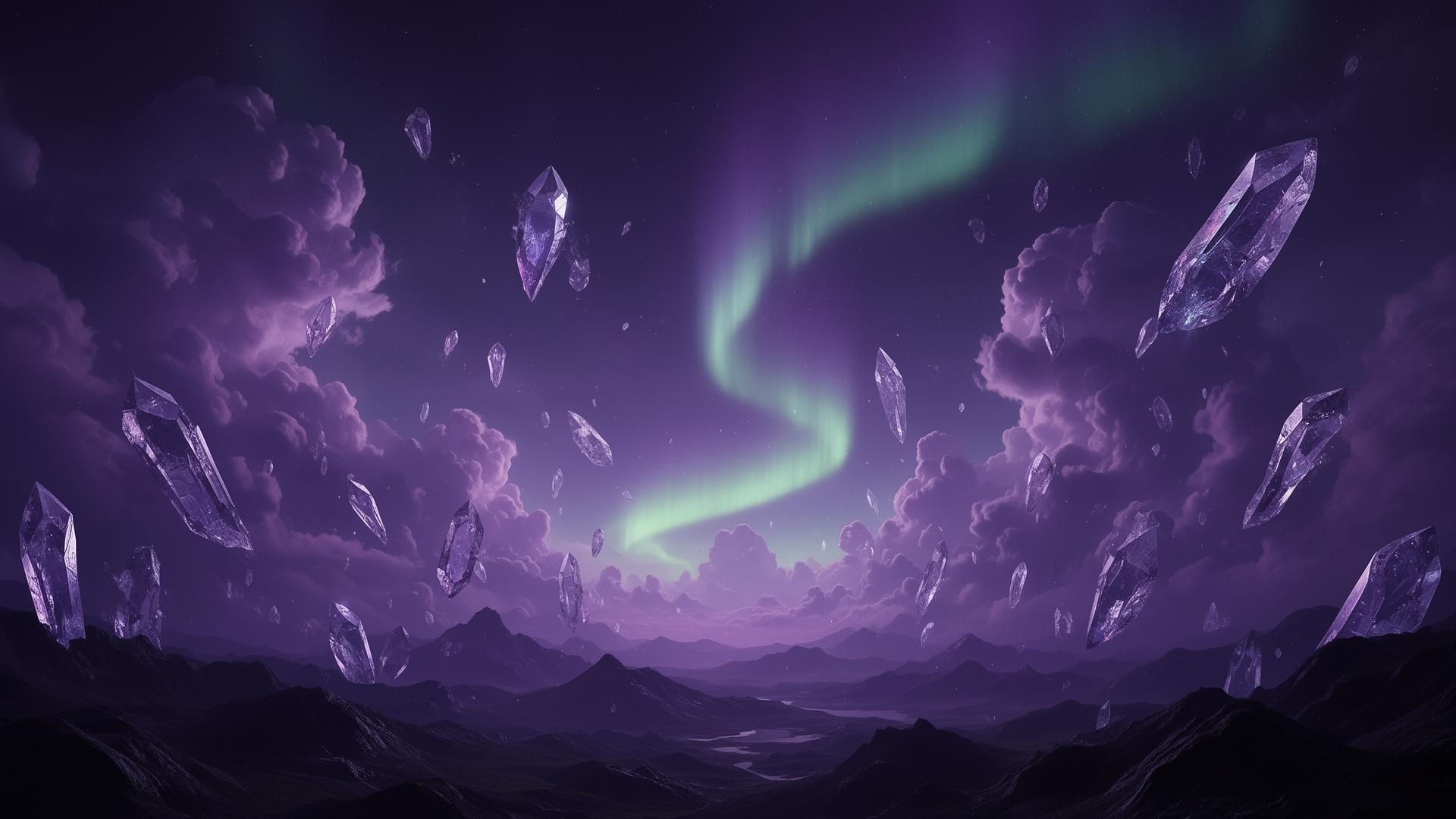 Surreal landscape of violet clouds and floating crystals beneath an aurora